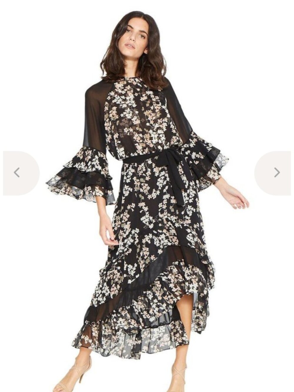 Misa Los Angeles Black Floral Ruffled High-Low Dress SIZE L